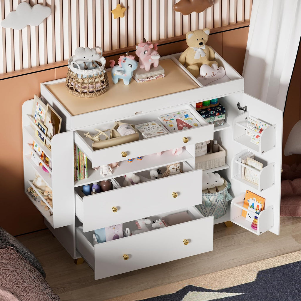 Nursery Dresser with Baby Changing Table, Modern Diaper Changing Station,Dresser with 3 Drawers & Shelves, Storage