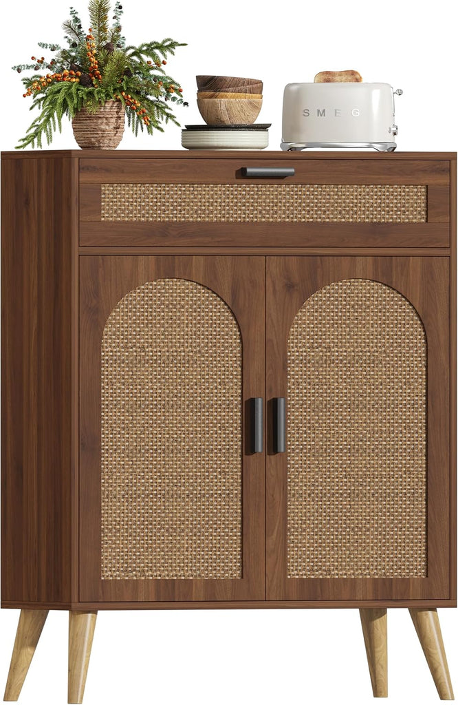 Rattan Storage Cabinet with Drawer and 2 Doors, Walnut | Accent Sideboard Buffet Cabinet with Adjustable Shelf &