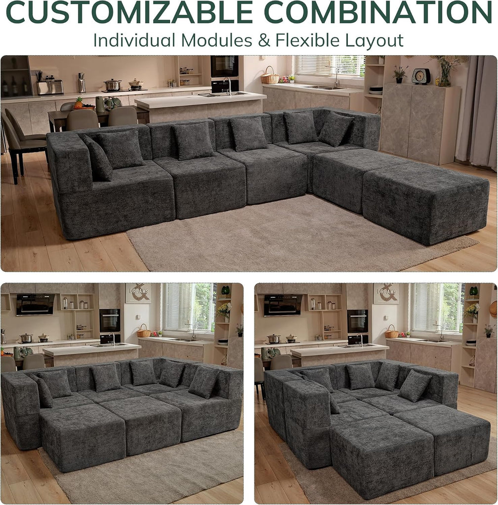 Modular Sectional Cloud Couch - 130'' 6 Seater Convertible Chenille Couches Set with Ottoman, No Assembly Compression
