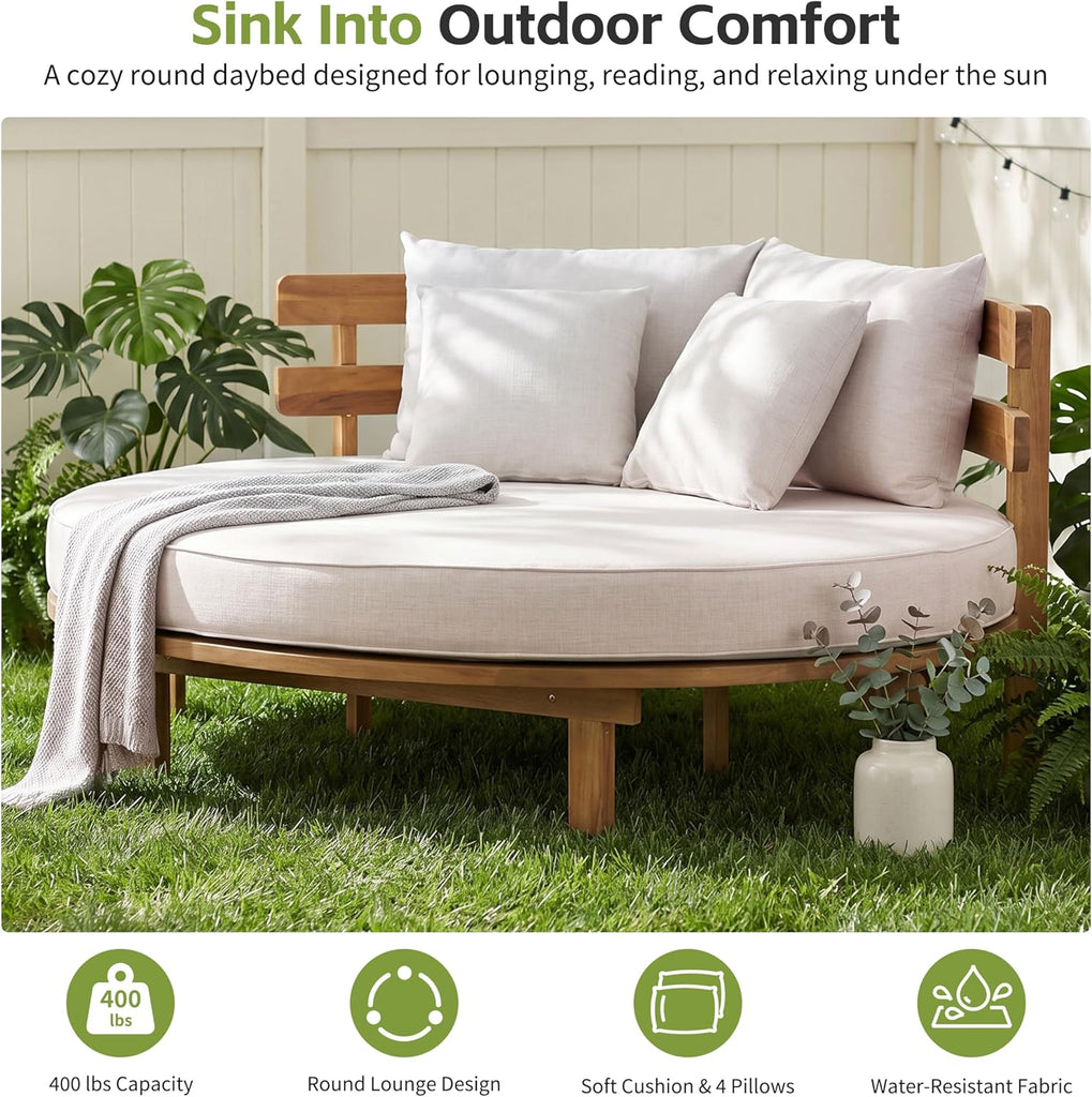 Outdoor Acacia Wood Round Daybed with Curved Slatted Backrest, Cushion and 4 Pillows, All Weather Patio Double