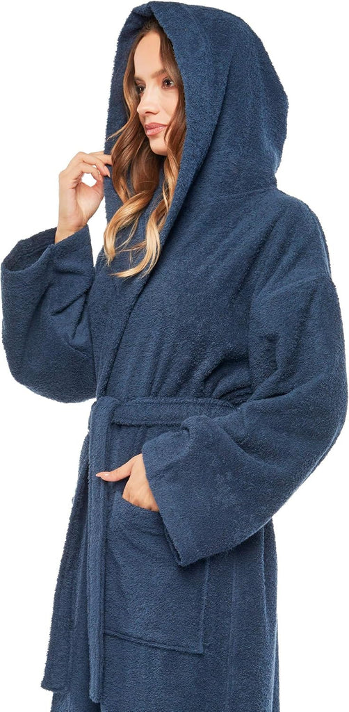 Women's Hooded Classic Bathrobe Turkish Cotton Robe with Full Length Options
