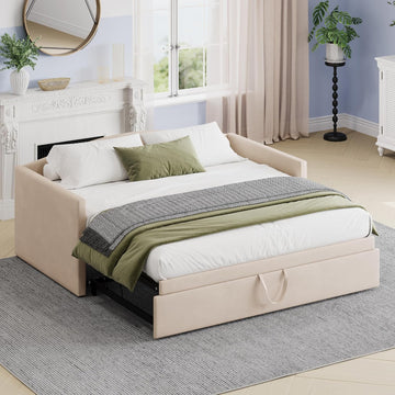 Twin-to-King Velvet Daybed with Extended Pop-Up Trundle, Beige | Space-Saving Upholstered Sofa Bed for Guest Rooms;