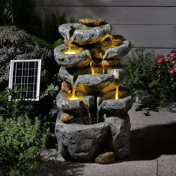 5 Tiered Solar Powered Water Fountain, Solar Water Fountain Outdoor Garden Cascading Rock Water Fall Fountains