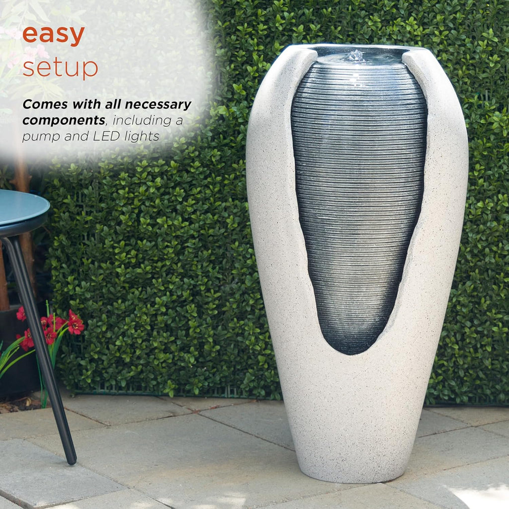 29" Tall Two Tone Ribbed Jar Floor Fountain with LED Lights - Elegant Water Feature, Easy Setup with Pump & Plug-in