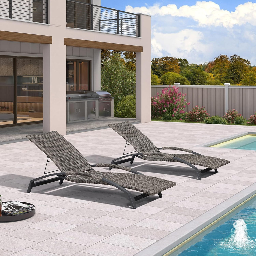 Pool Chaise Lounge Chair Set of 2 Wicker, Light Gray | Built to Last, Enjoy for Years, Anti-Scald Curved Armrests