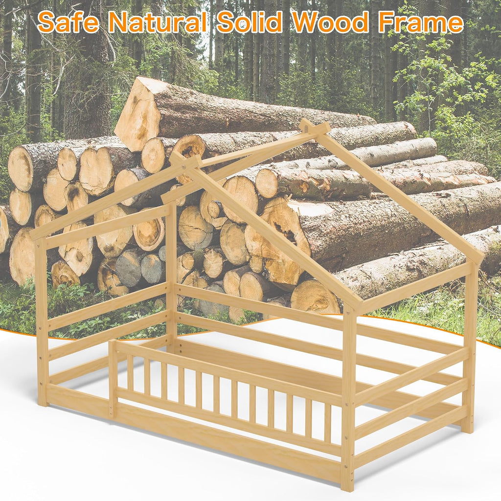 Twin Size House Bed for Kids, Twin Montessori Floor Bed with Roof and Guardrails, Solid Wood Low-Profile Frame