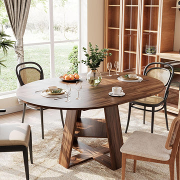 43.3in-59in Extendable Round Dining Table for 4-8 People, Modern Oval Kitchen Table with Storage Shelf & Removable