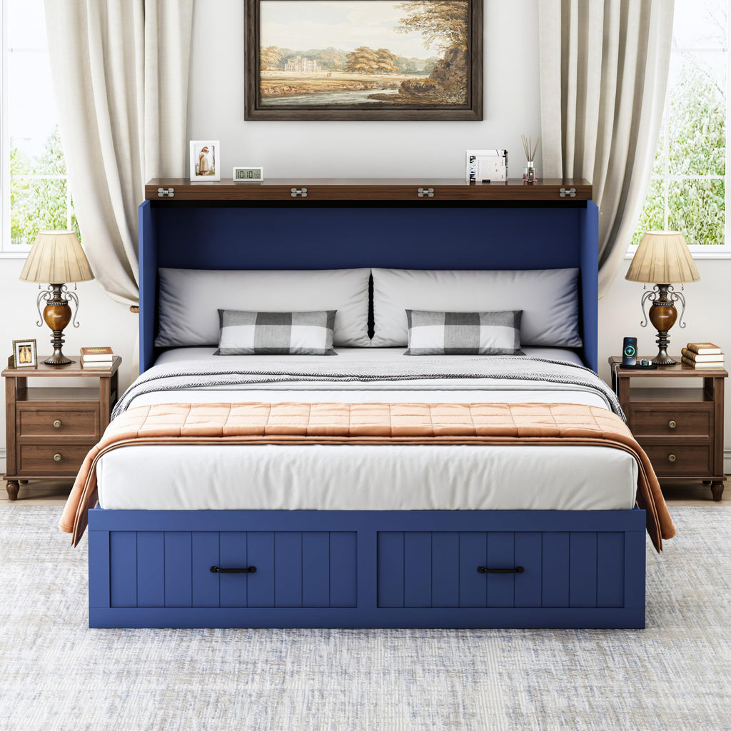 Queen Murphy Bed with Storage & Charging Station, Farmhouse Murphy Cabinet Bed with Large Drawer, Hideaway Foldable