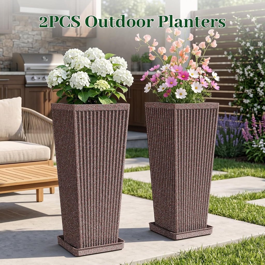 Square Tall Planters for Outdoor Plants with Tray - 24" Brown 2Pack | Weather-Resistant Plastics HDPE, Stone & Fluted