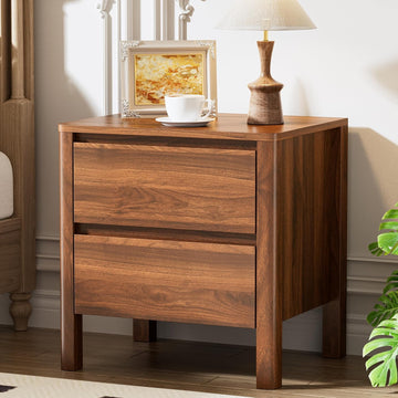 Mid Century Walnut Nightstand with 2 Drawers, Modern Wooden Bedside Table with Hidden Handles and Solid Wood Legs