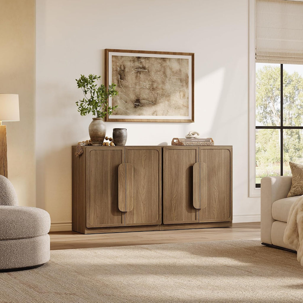 Sideboard Buffet Cabinet with Storage, Large 63''W Credenza, Walnut | Modern Accent Cabinet with Curved Handles & 2