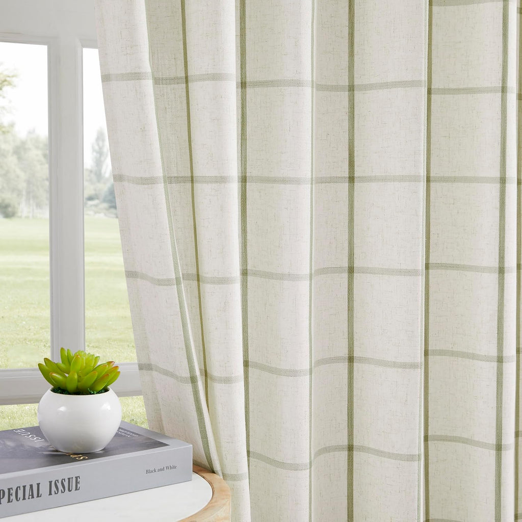Sage Green Plaid Linen Pinch Pleated Semi Sheer Curtains Checkered Light Filtering Window Panels for Living Room Bedroom Rustic Pleat Drapes with Back Tab Hooks 40"W x 2 Panels