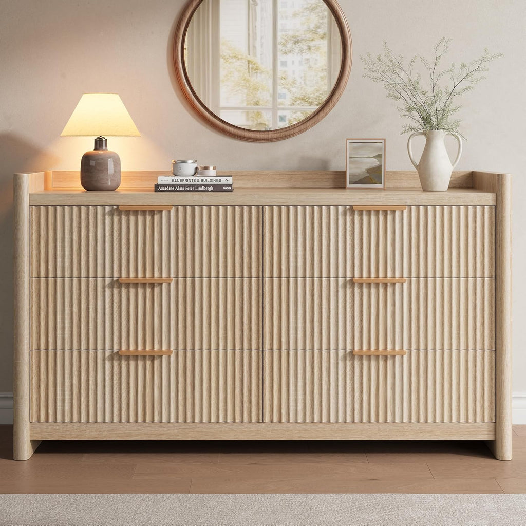 6 Drawer Dresser , Fluted Dressers with Rounded Edge & Raised Lip Top, Anti-Tip Chest of Drawers , Natural Oak