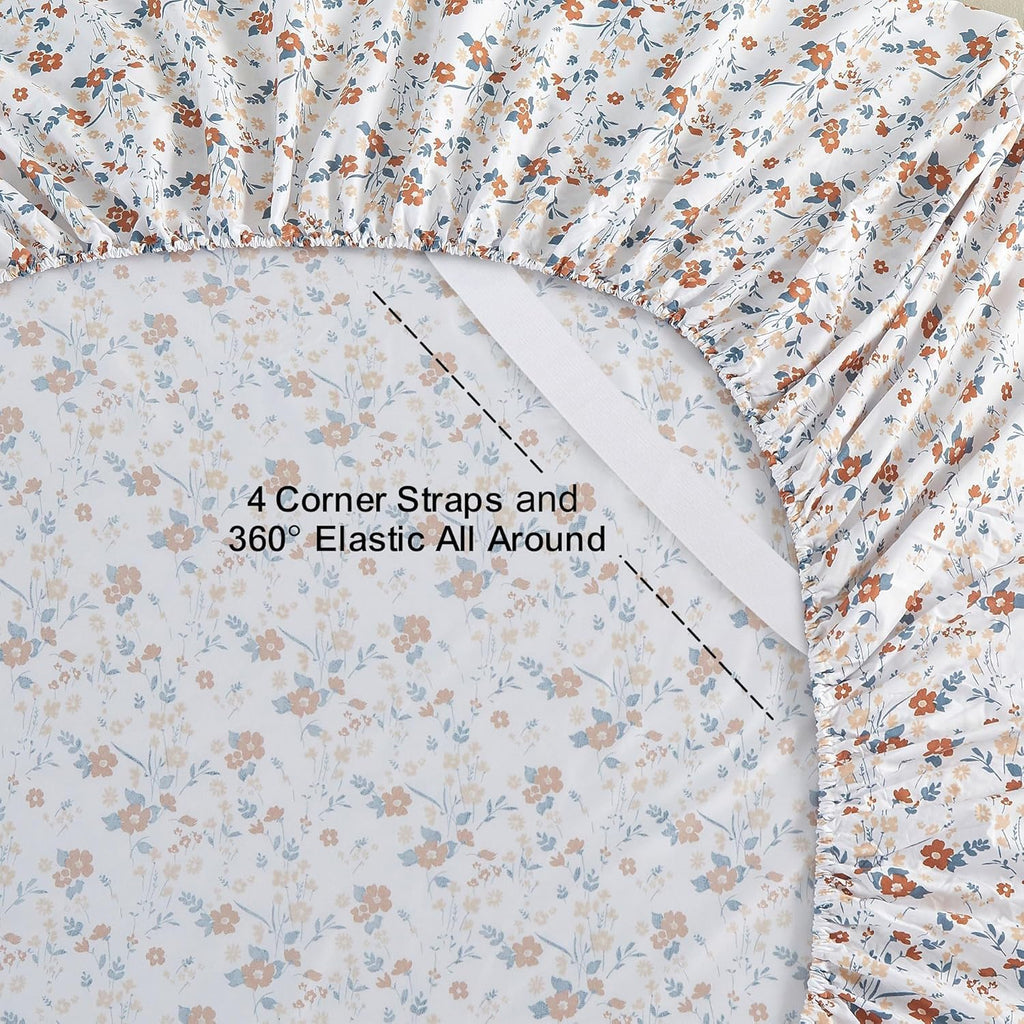 Floral Sheet Set Orange Flower Printed Bed Sheets - 4 Piece Soft Microfiber Patterned Fitted Sheets with 15"