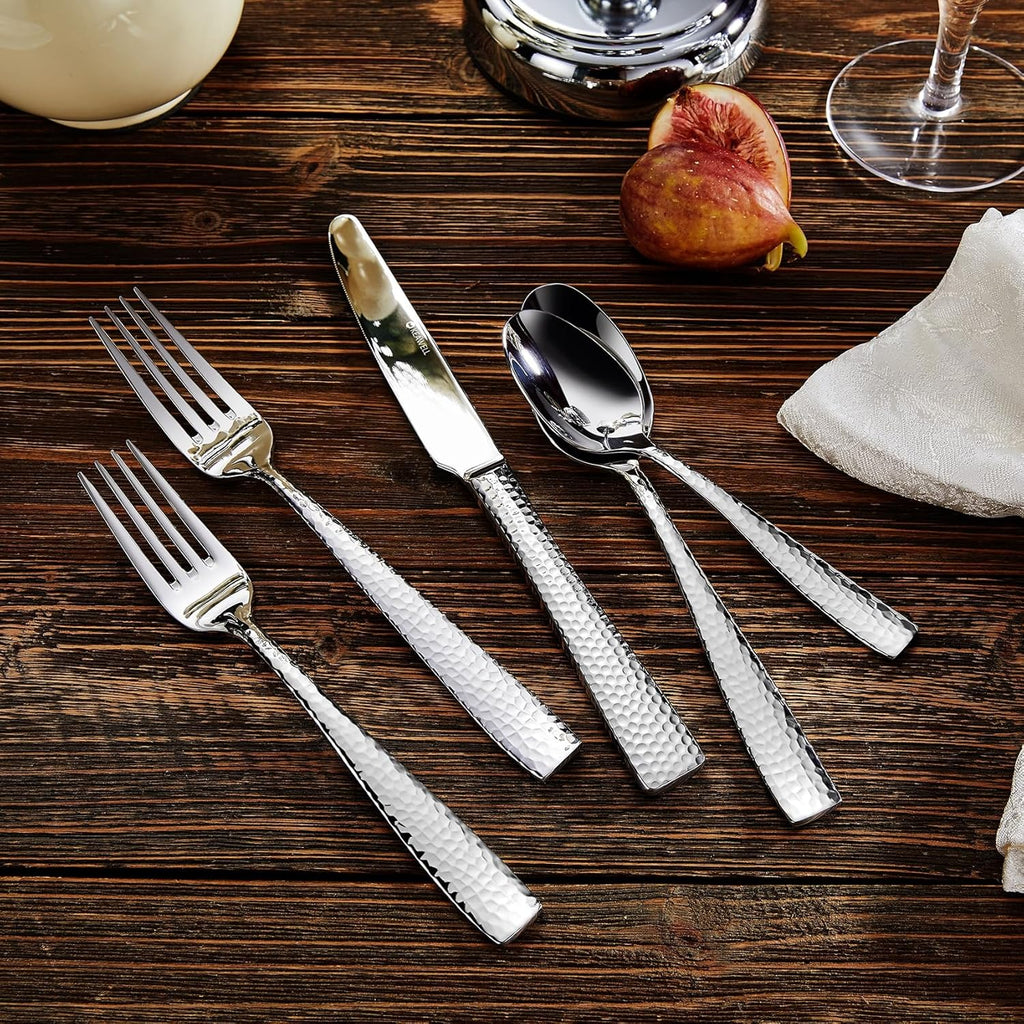 Premium 20/45/65-Piece Louis Hammered Silverware Set with Squared Edge, 18/10 Stainless Steel, Service for 4/8/12