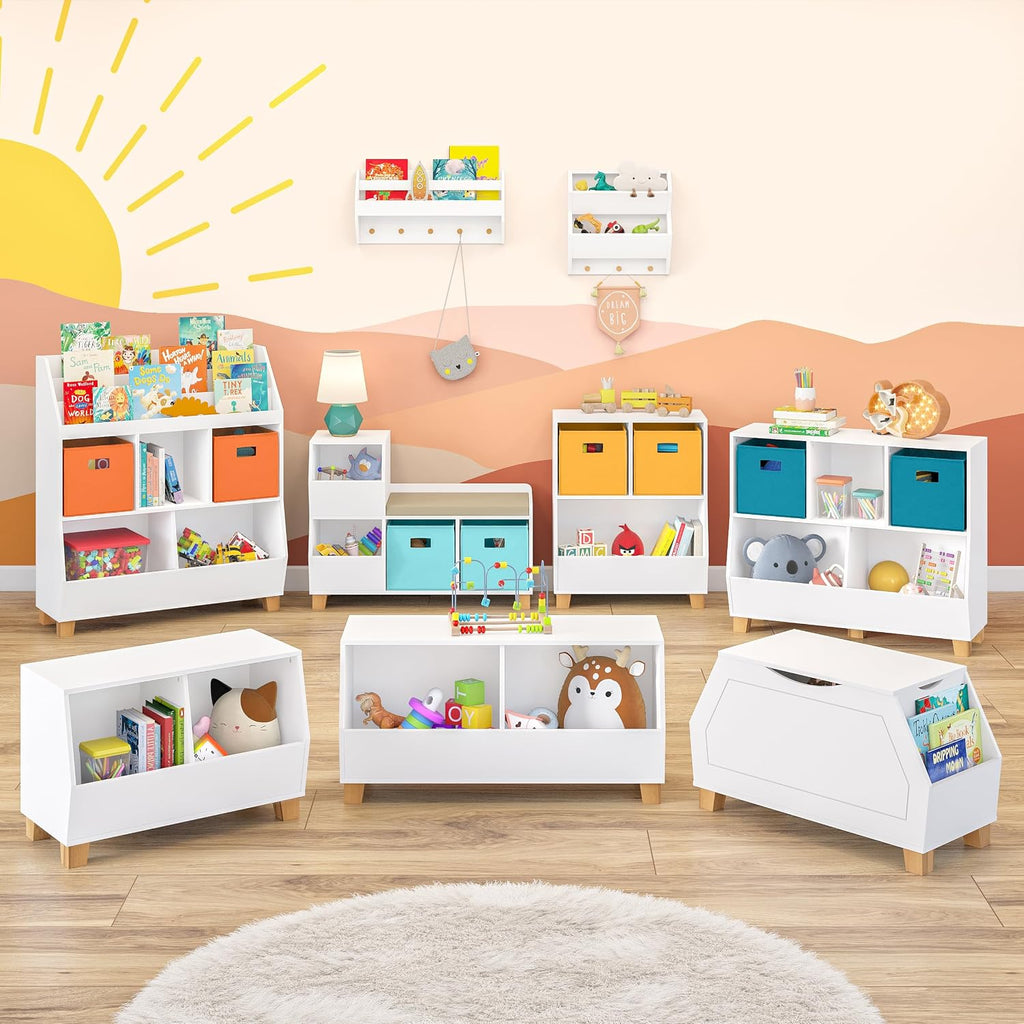 Kids Catch-All Toy Box with Side Bookshelves - White | Versatile Playrooom Storage Organizer with Book Racks