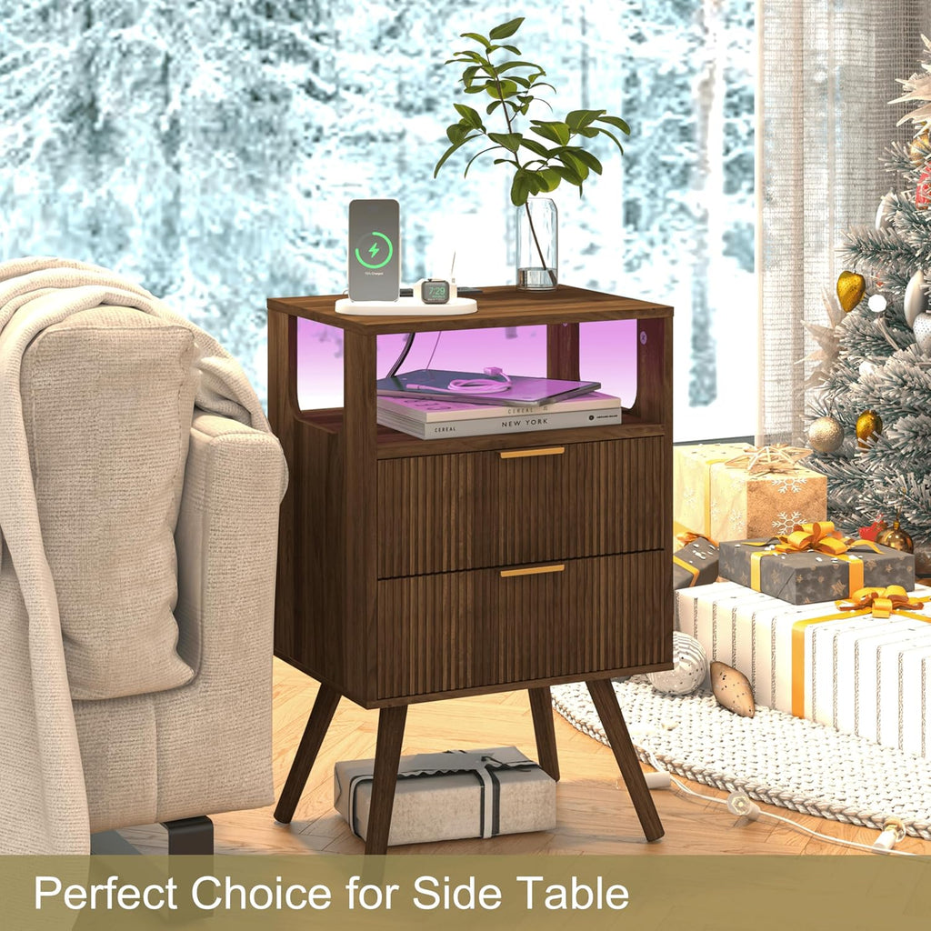 Nightstand with Charging Station and LED Lights,Modern Bedside Table with 2 Storage Drawer and Open Wood Shelf