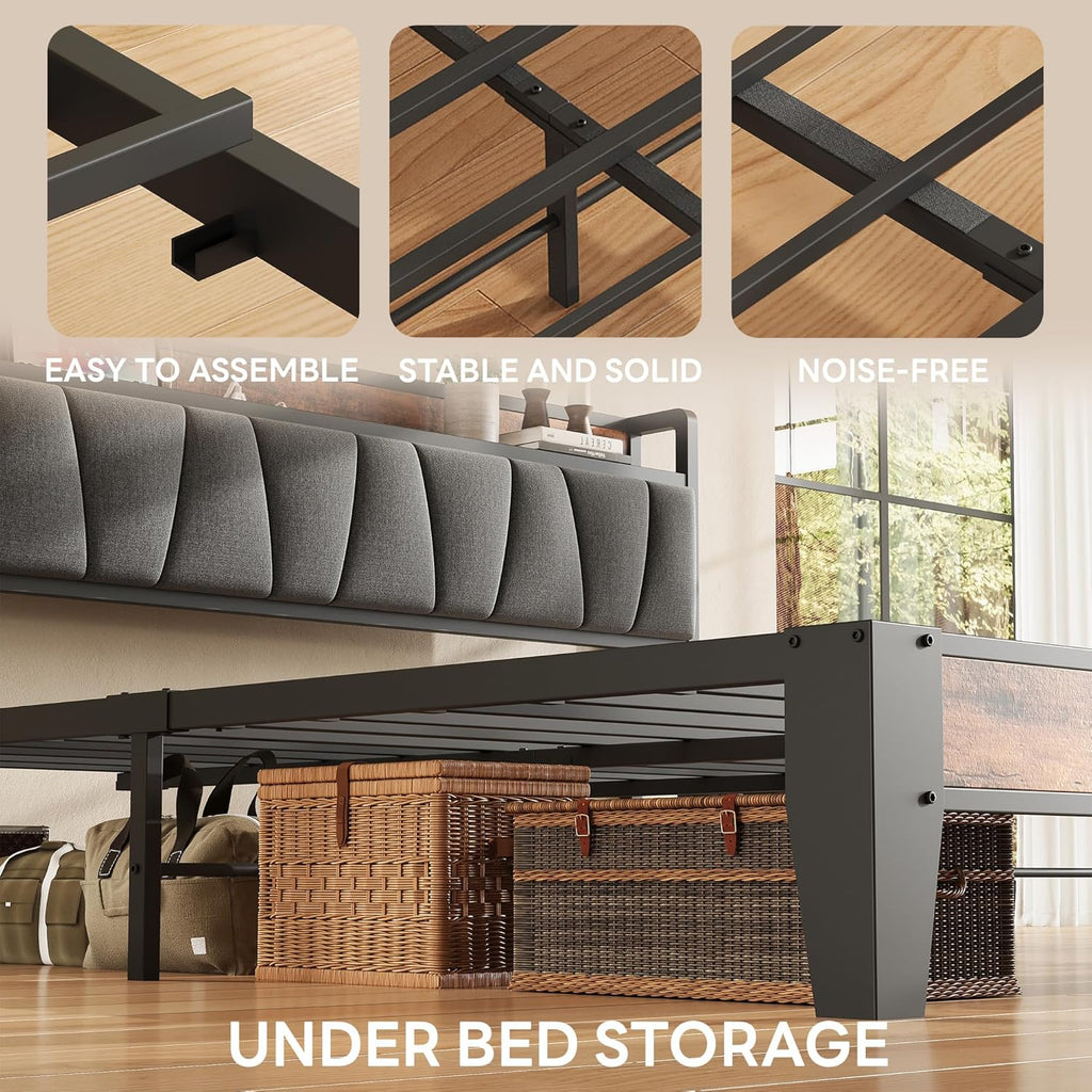 King Bed Frame, Storage Headboard with Charging Station, Solid and Stable, Noise Free, No Box Spring Needed