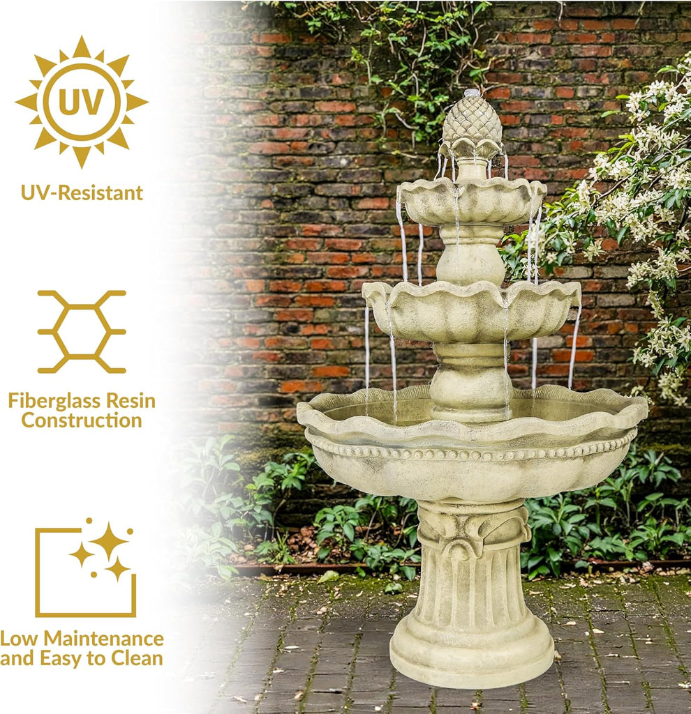 51-Inch 3-Tier Water Fountain - Electric Outdoor Fountain with Pineapple Top - Outdoor Patio & Garden Water Feature