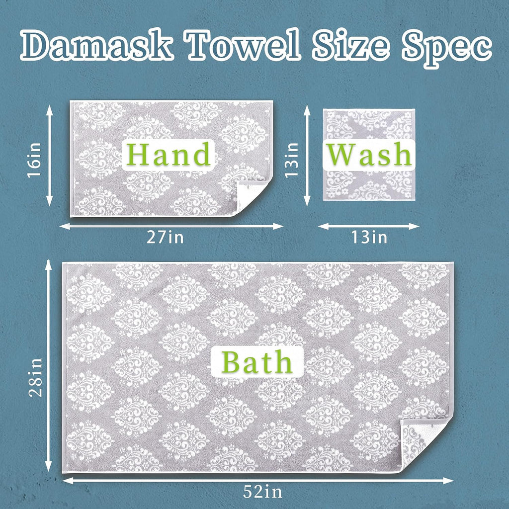 Grey Towel 6pc, 100% Cotton, Damask | Absorbent, Soft, Thick, Quick Dry, Heavy Duty, Fade-Resistant, Shower Towel