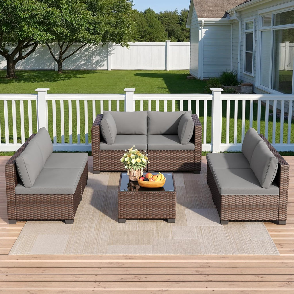 7 Pieces Outdoor Patio Furniture Set, PE Rattan Outdoor Wicker Sectional Furniture Sofa Set, with Cushions and Glass