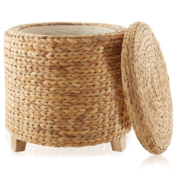 17" Round Storage Ottoman with Lid - Natural, Handwoven Water Hyacinth Footstool