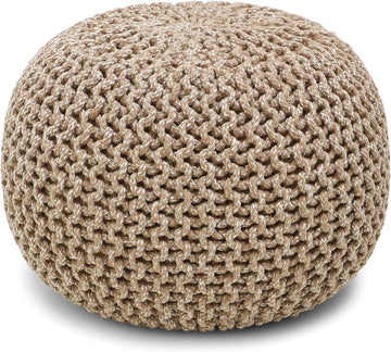 Round Pouf Ottoman - Hand Knitted Boho Poof - Beige Ivory | 100% Cotton, 19.5"x19.5"x14"; Doubles as Footstool, Foot
