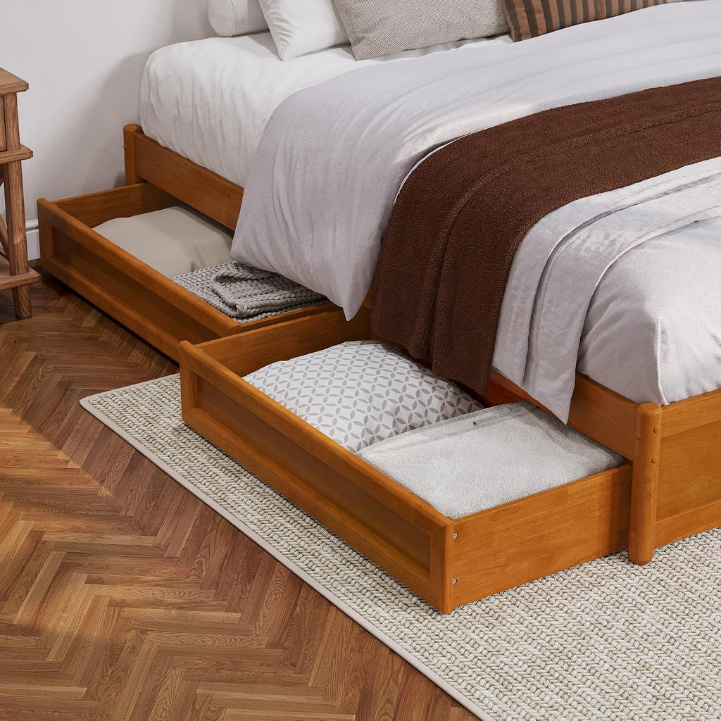 Queen Wood Panel Platform Bed with Storage Drawers, Light Toffee