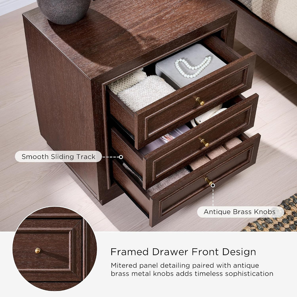 3 Drawer Night Stand with Two Base Styles Included, Mid Century Modern Nightstand with Charging Station, Wooden End
