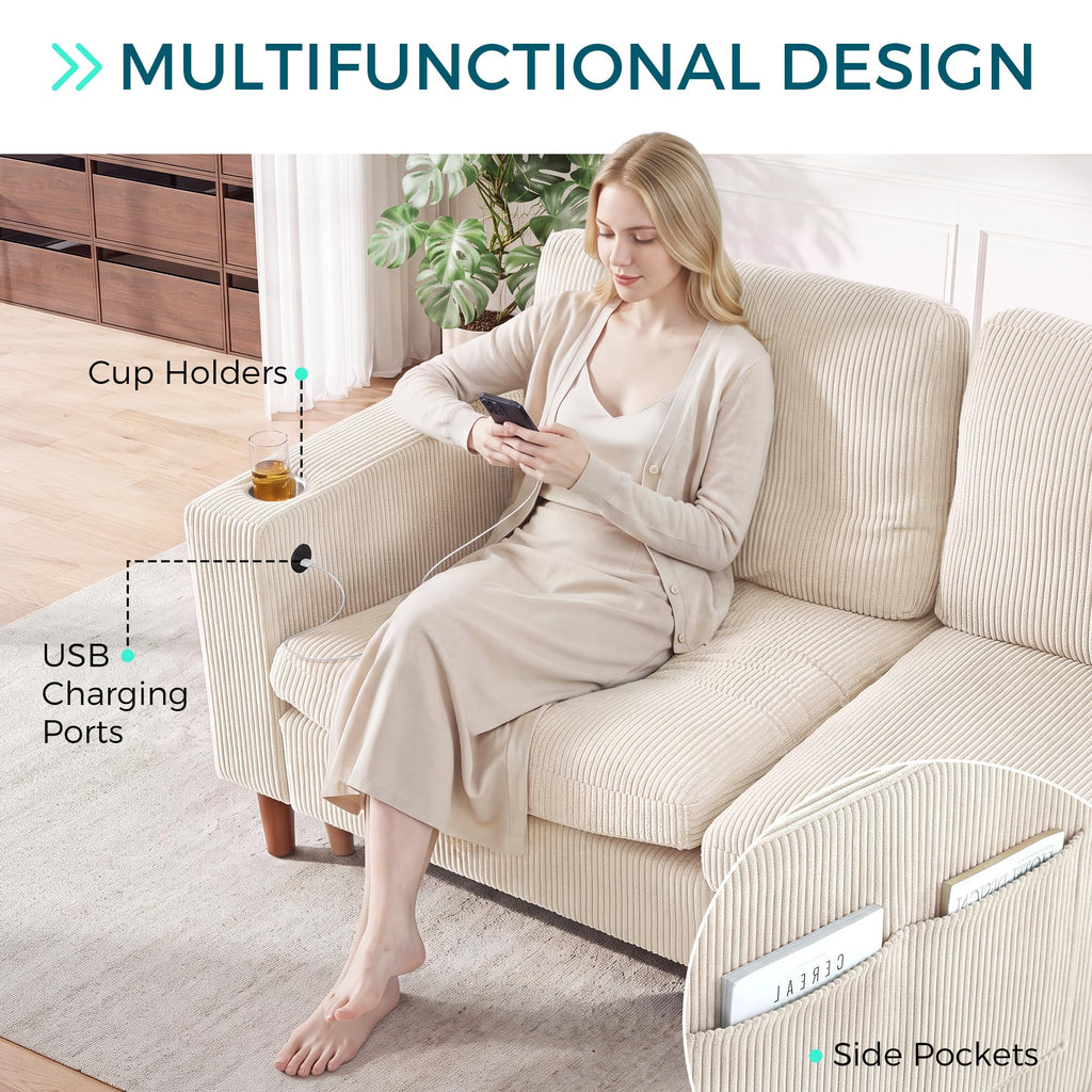 Cloud Couch 4-Seat Modular Sectional Sofa with Storage, Corduroy Deep Seat Cloud Sofa with Side Pocket & Cup Holder &