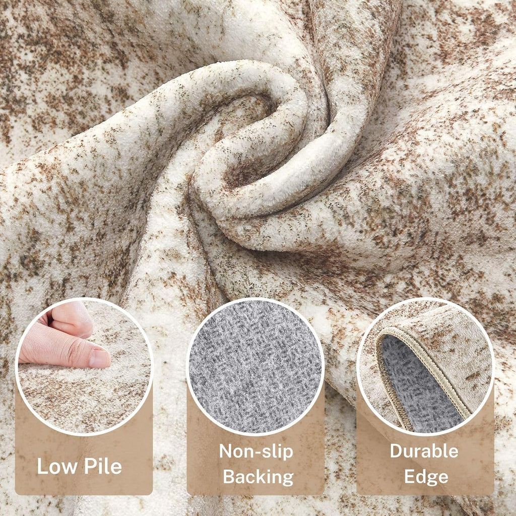 8ft Round Area Rug - 8X8 Abstract Washable Large Soft Foldable Non Slip Rug Neutral Modern Low Pile 