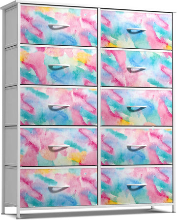 Kids Dresser with 10 Drawers - Storage Chest Organizer Unit Nightstand - Steel Frame, Wood Top, Tie-Dye Fabric Bins