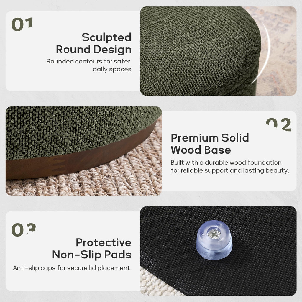 Round Storage Ottoman, 20" Boucle Ottoman Foot Rest Stool (Green)