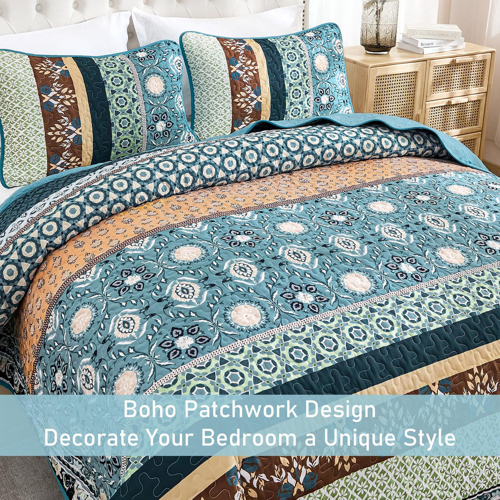 Blue Boho Quilt Set, Fall Patchwork Bedspreads