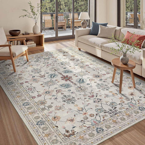 5x7 Washable Floral Boho Area Rug, Low Pile Non-Slip Carpet for Living Room Bedroom Grey