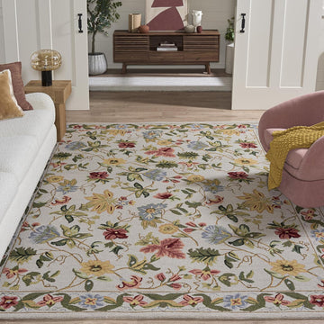Area Rug 8x10 - Chelsea Collection - Large - Grey, Hand-Hooked French Country Floral Wool, Ideal, Dining Space (HK311F)