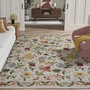 Area Rug 8x10 - Chelsea Collection - Large - Grey, Hand-Hooked French Country Floral Wool, Ideal, Dining Space (HK311F)