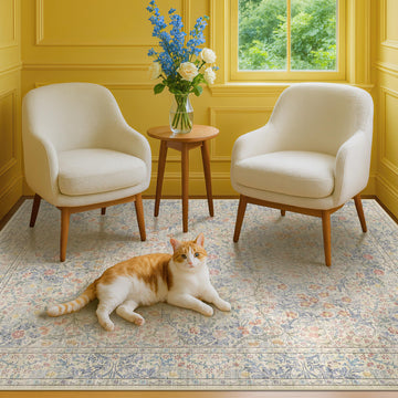 Beige Blue Living Room Rug 5x7, Cottage Area Rug, Vintage Washable Floral Mat, Low Pile Non Slip Stain Resistance