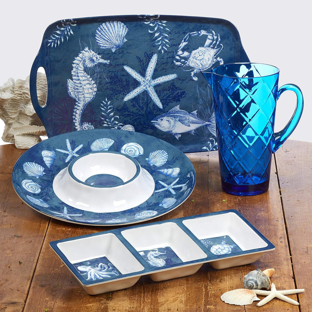 Oceanic 3-Piece Melamine Hostess Set - Includes Chip & Dip Server, 3-Section Relish Tray, and Rectangular Fish