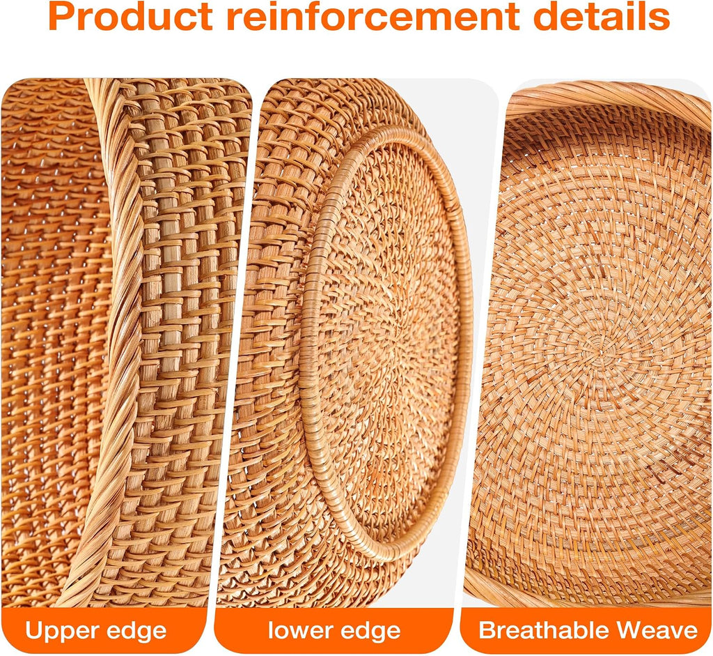Rattan Bread Basket Set 3, Handwoven Serving Bowls | Honey brown, round wicker, fruit snack bread basket, key bowl