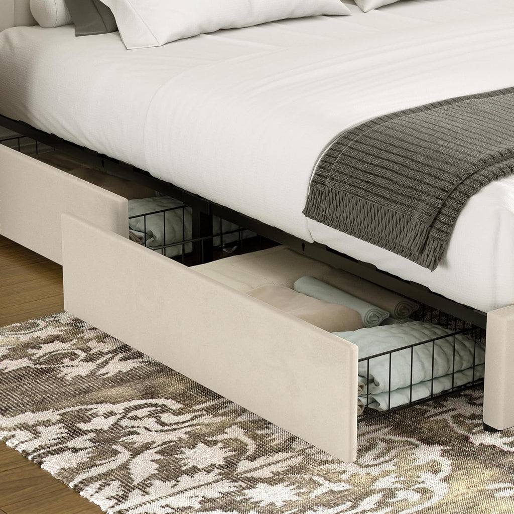 Queen Upholstered Bed Frame with 4 Drawers and Headboard, Velvet Platform Storage Bedframe, Wooden Slats Support