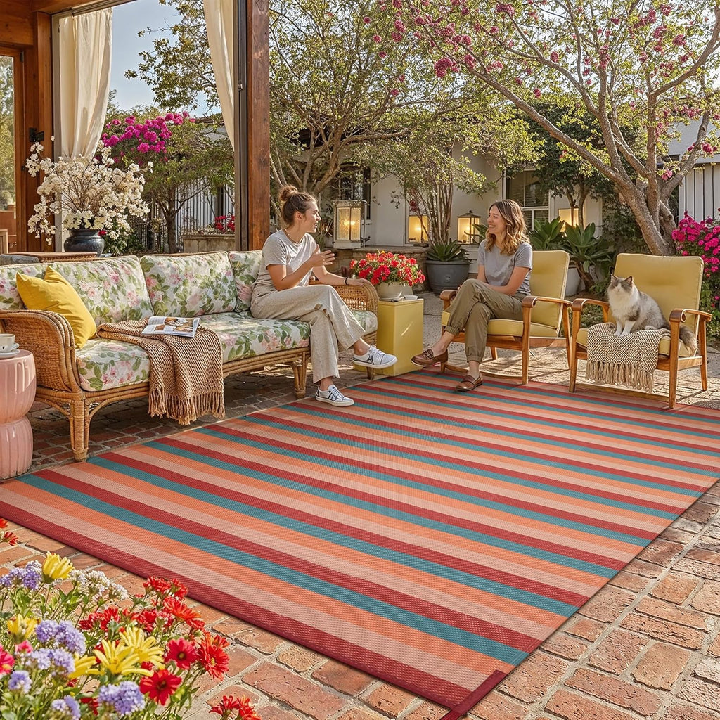 Outdoor Waterproof Patio Rug 8x10 Plastic Straw Reversible Outside Orange Red Colorful Striped Carpe