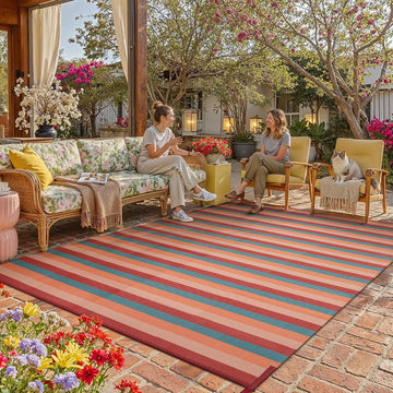 Outdoor Waterproof Patio Rug 8x10 Plastic Straw Reversible Outside Orange Red Colorful Striped Carpe