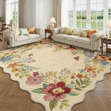 9x12 Floral Washable Area Rug Beige Neutral Vintage Flower Botanical Cottage Boho Cream Scalloped So