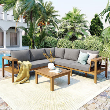 4 Pieces Patio Furniture Set, Outdoor L-Shaped Sectional Sofa Set with Coffee Table, Acacia Wood Conversation Seating