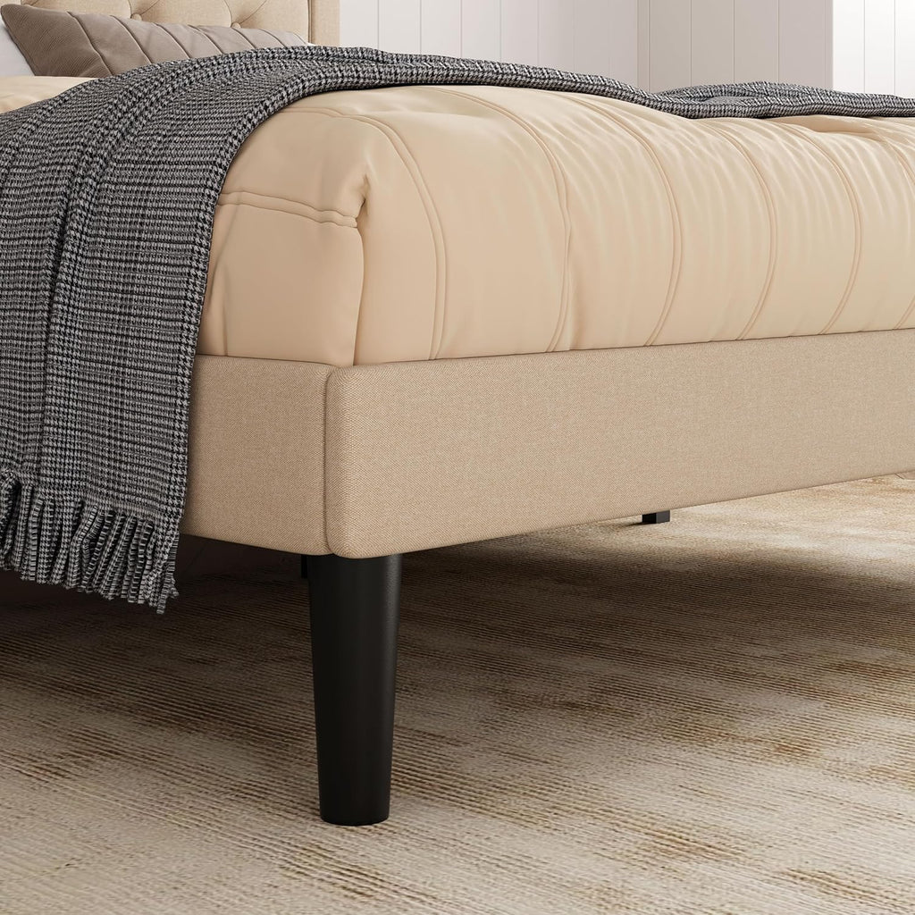 Queen Button Tufted/Fabric Upholstered Bed Frame with Adjustable Headboard/Wood Slat Support/Mattress Foundation/Beige