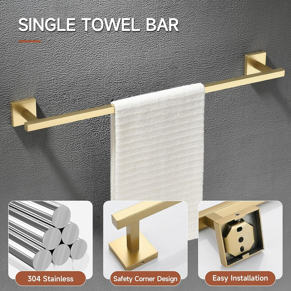 Brushed Gold Bathroom Hardware Accessories Set 10 Pieces, 23.6" SUS304 Stainless Steel Towel Bar Set Wall Mounted
