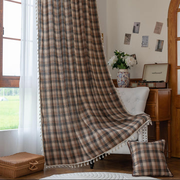 Brown Plaid Curtains 84 Inch with Tassels Rod Pocket 2 Panels