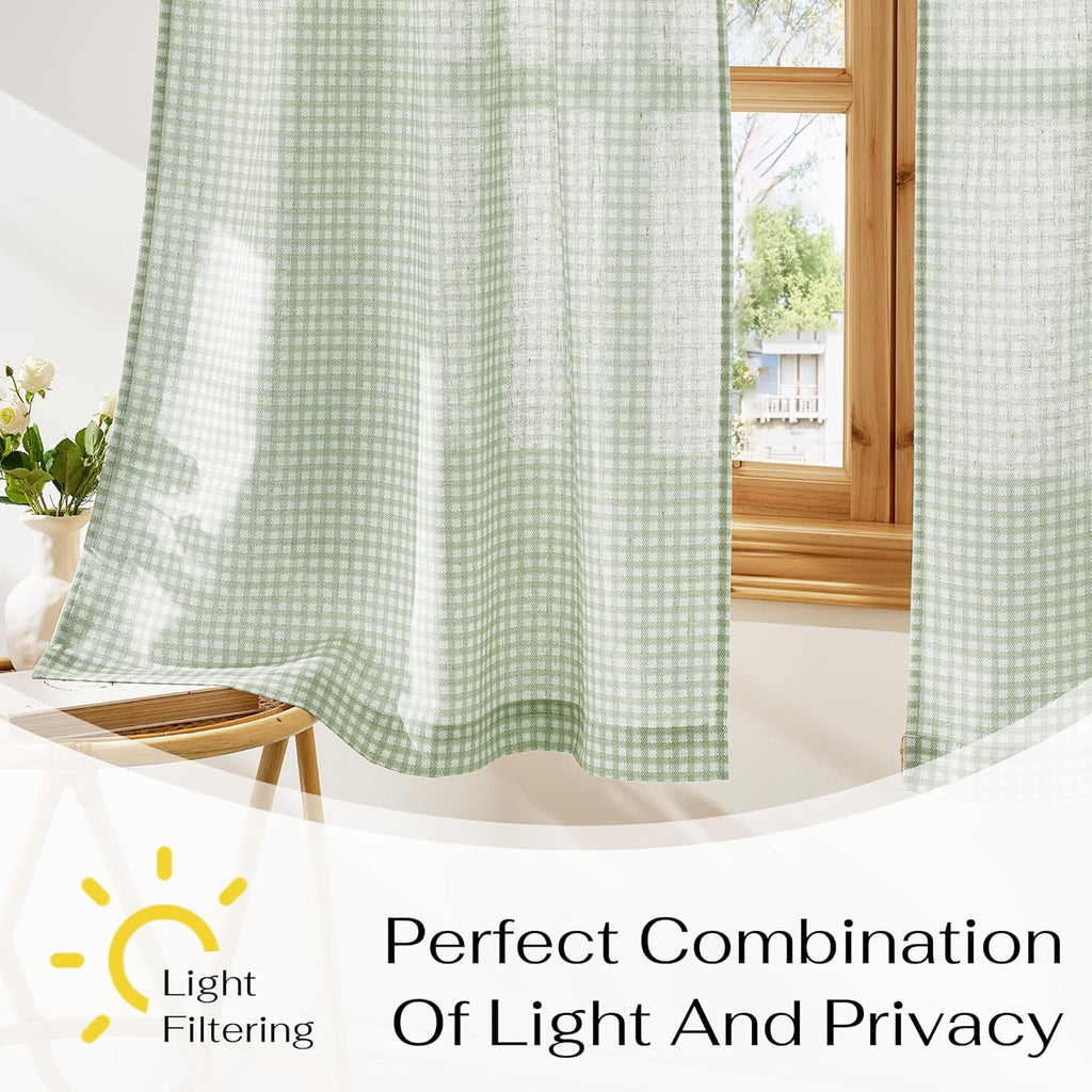 Sheer Linen Curtains, Light Green Plaid Cafe Curtains for Living Room Bedroom, Farmhouse Bathroom