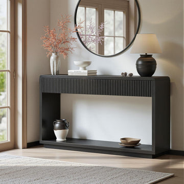 59'' Charcoal Black Entryway Table with Drawers, Fluted Console Table, Mid Century Modern Sofa Table with Storage